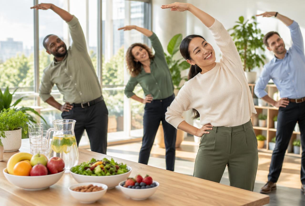Colleagues stretching together beside a table of fresh healthy food